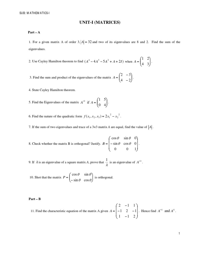 Cayley-Hamilton Theorem in Matrices | PDF