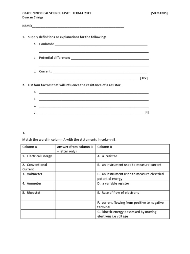 Electric Circuits: Grade 9 Task | PDF | Voltage | Series And Parallel ...