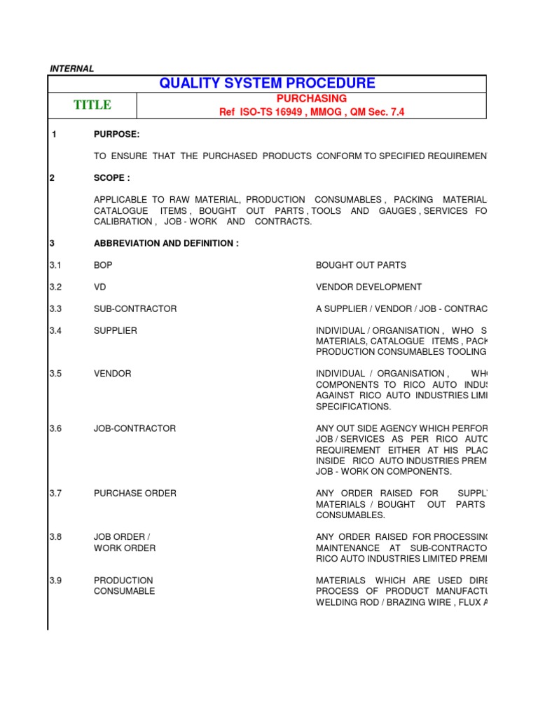 Purchasing Quality System Procedure | PDF | Quality Assurance ...