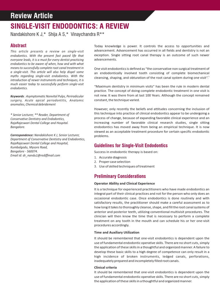 SingleVisit Endodontics A Review PDF Dentistry Health Sciences