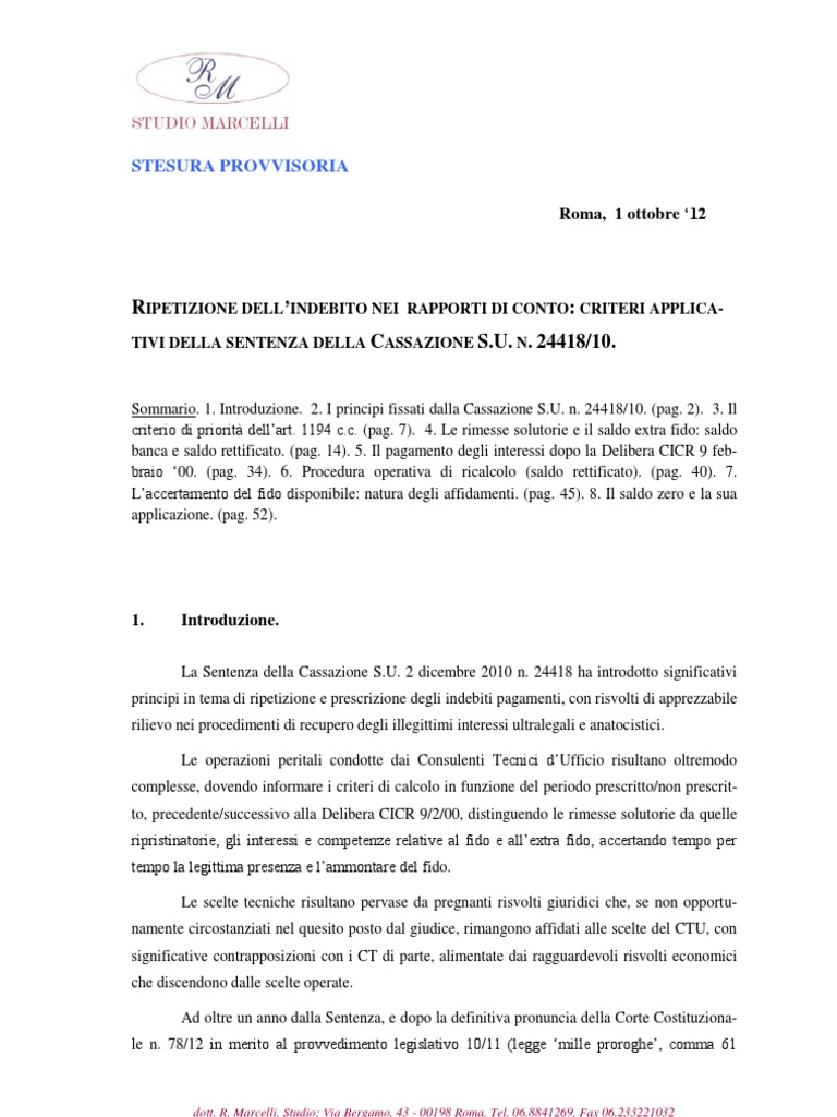 Ripetizione Dell Indebito Nei Rapporti Di Conto Criteri Applicativi Della Sentenza Della Cassazione S U N 24418 10