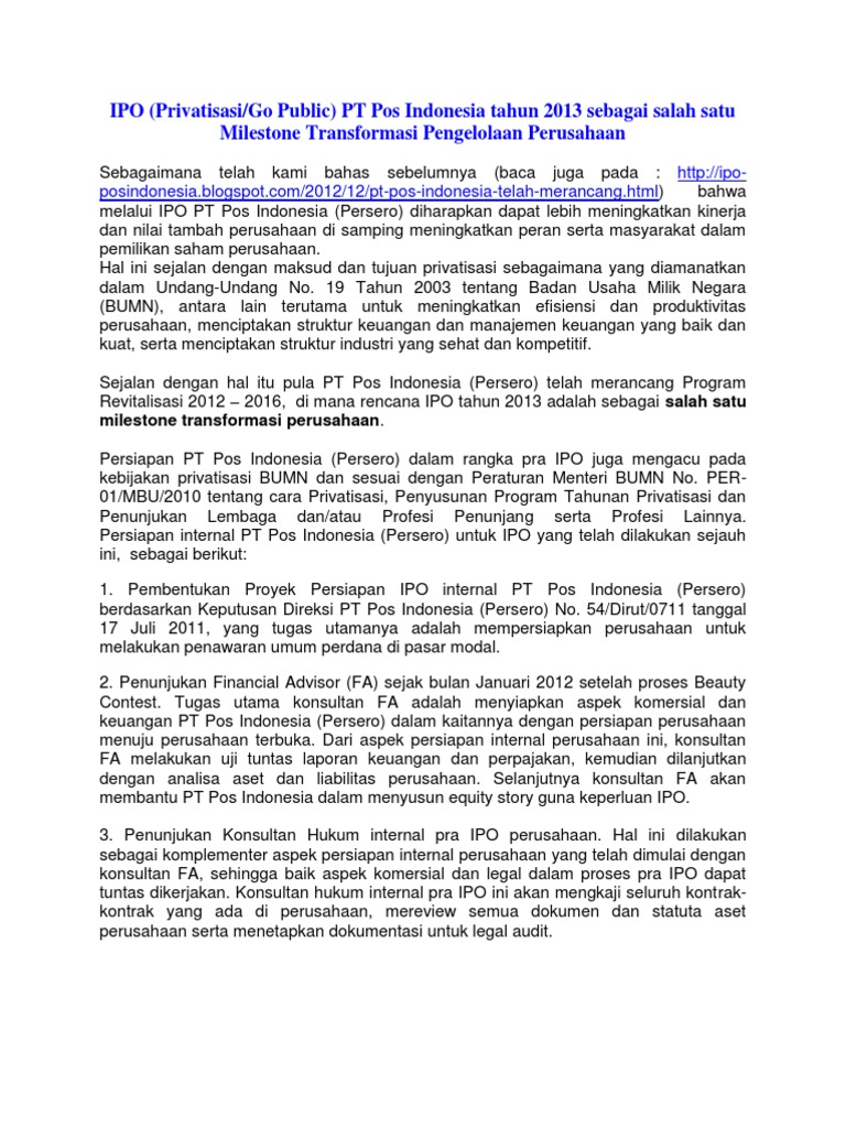 Ipo Sebagai Milestone Tranformasi Pengelolaan Usaha Pt Pos Indonesia Persero Pdf
