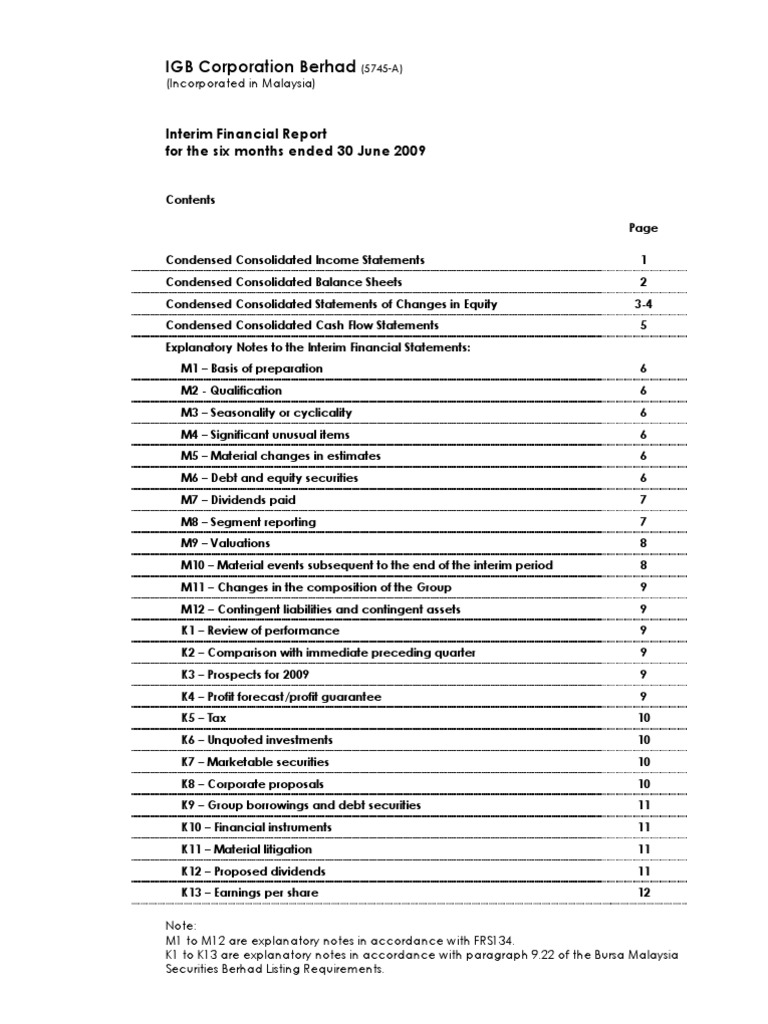 Igb Corporation Berhad Interim Financial Report For The Six Months