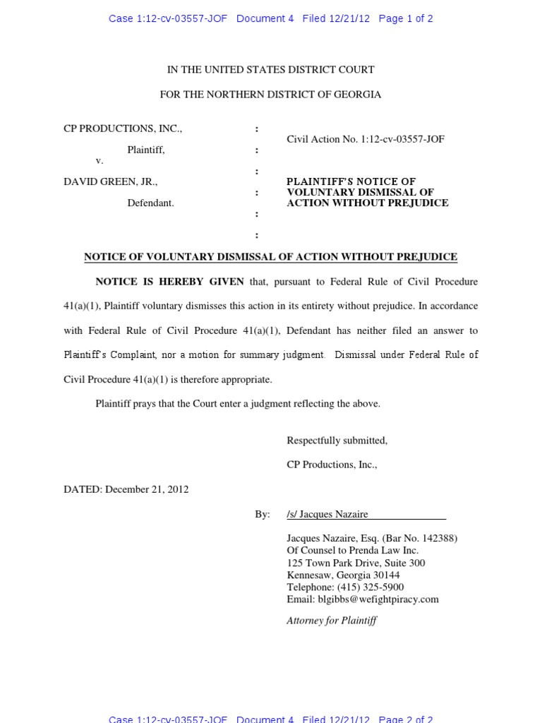 Document 4 Notice of Voluntary Dismissal Without Prejudice