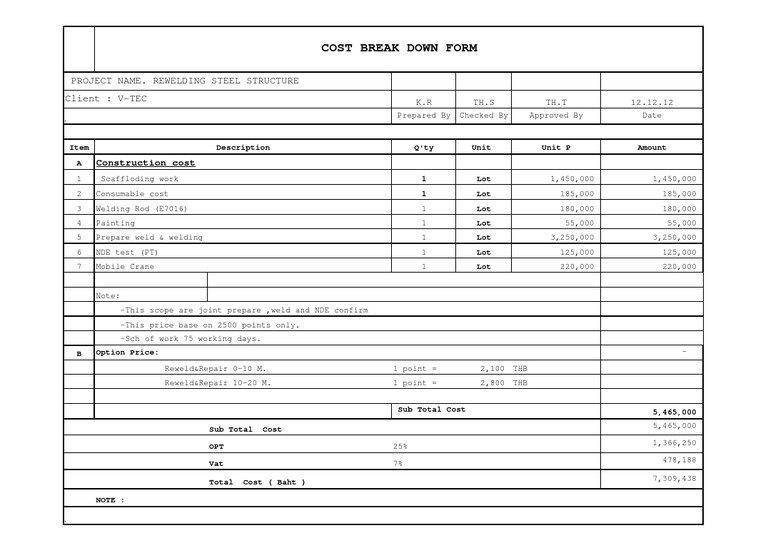 Cost Break Down Form: Project Name. Rewelding Steel Structure Client: V ...