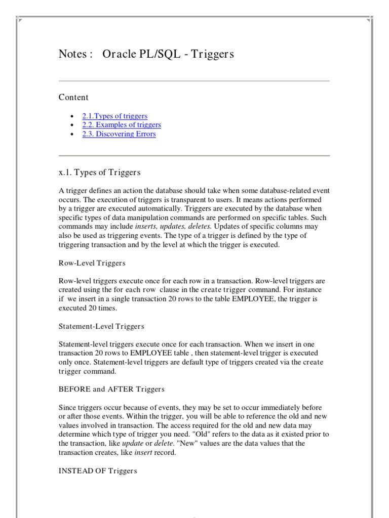Notes: Oracle PL/SQL - Triggers: Content | PDF | Technology & Engineering