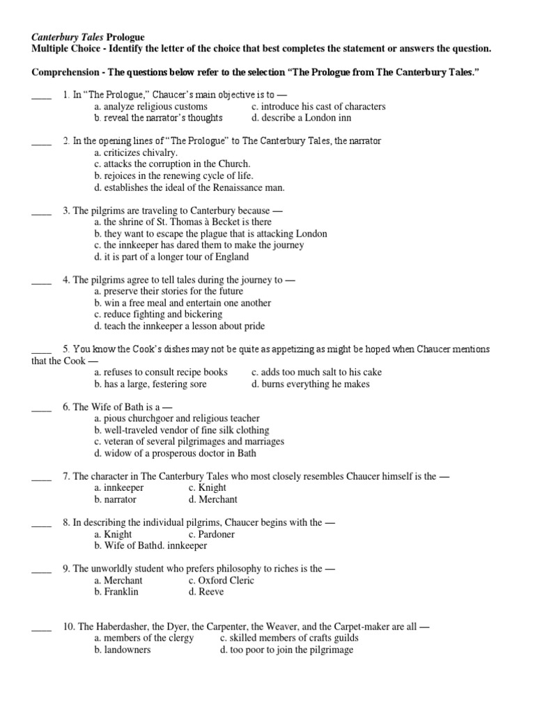 worksheet Wife Of Bath Worksheet canterbury tales prologue quiz the geoffrey chaucer