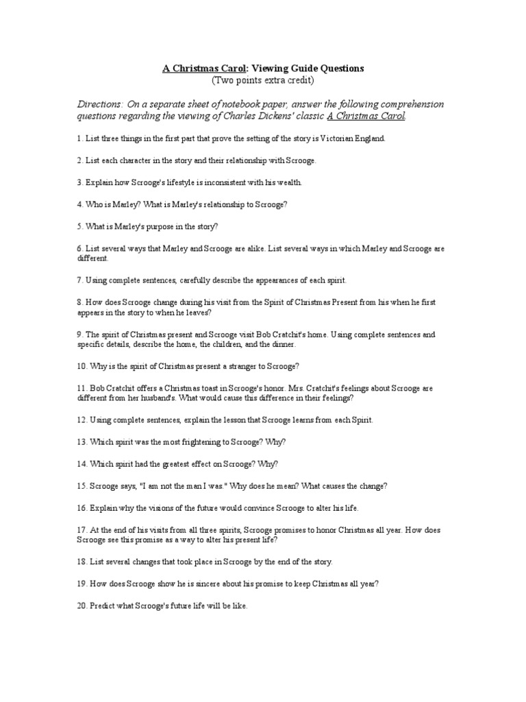 Christmas Carol Questions PDF Ebenezer Scrooge A Christmas Carol
