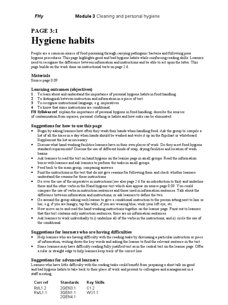 Food Hygiene Module 3 Cleaning and Personal Hygiene PDF Hygiene