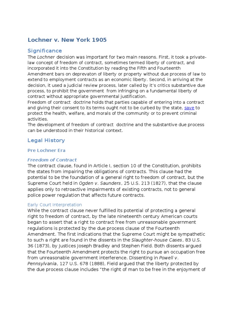 U.S. Supreme Court Decision Lochner v. New York Substantive Due