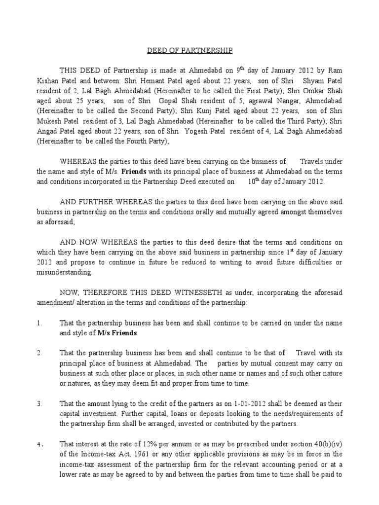 Deed Of Partnership Partnership Debits And Credits