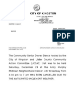 City of Kingston NY press release announcing cancellation and/or postponement of dinner-dance for senior citizens.