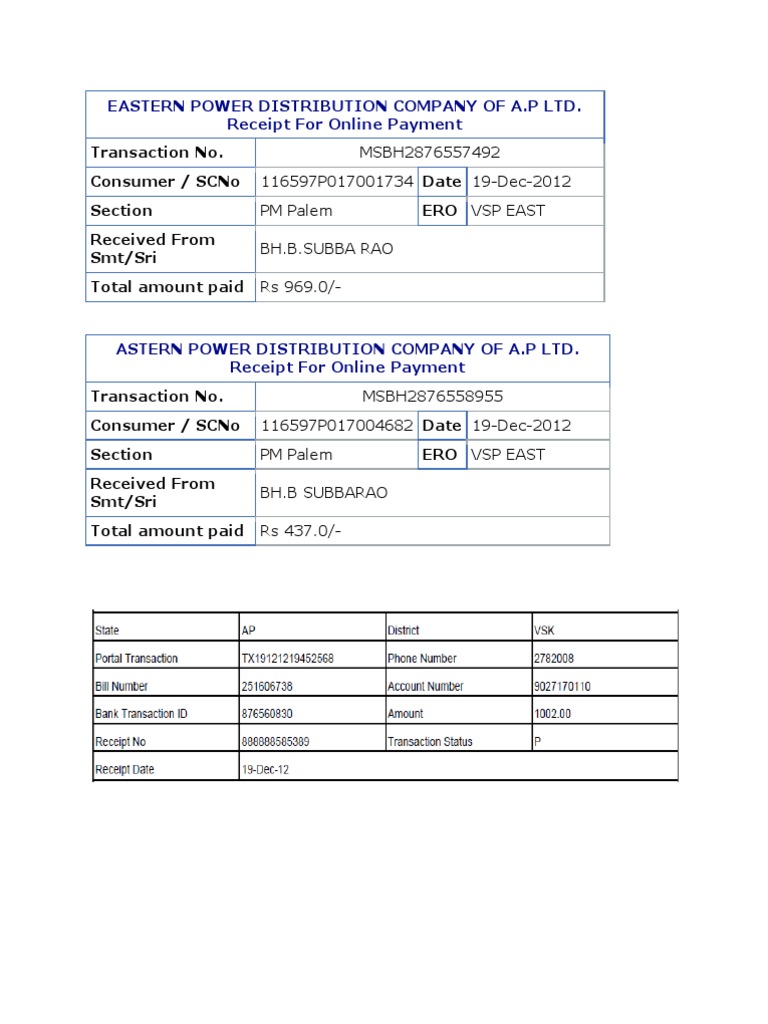Eastern Power Distribution Company of A.P Ltd. Receipt For Online