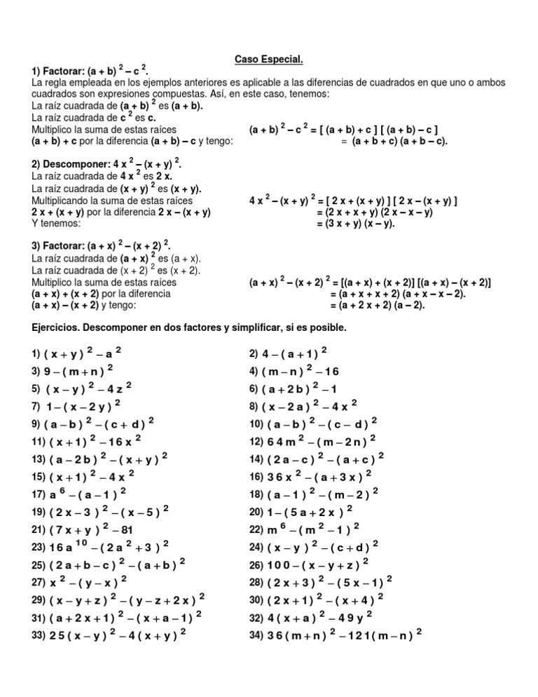 Caso Especial De Diferencia De Cuadrados Caso De Factorización Pdf