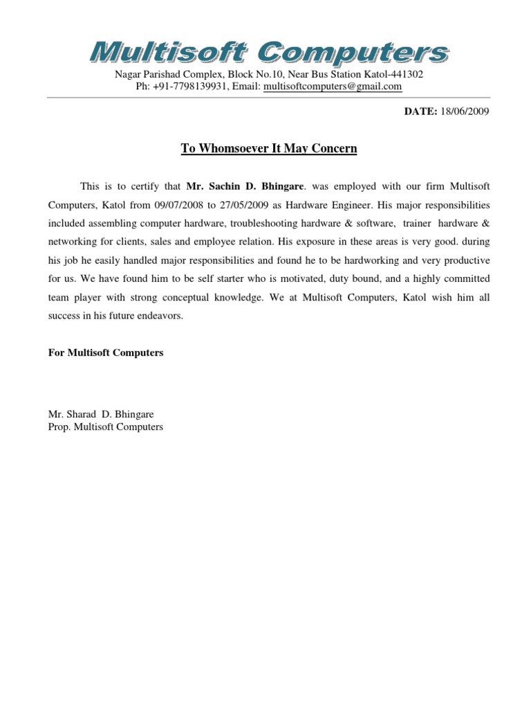 Experience Letter Format