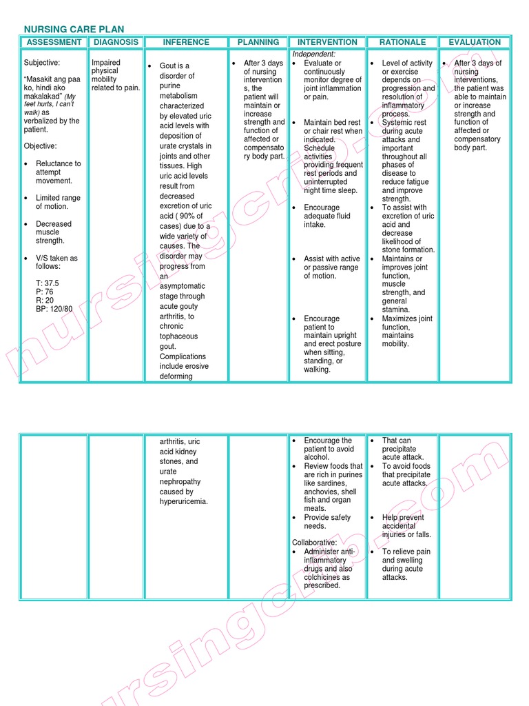 Nursing Care Plan Gouty Arthritis PDF Gout Arthritis