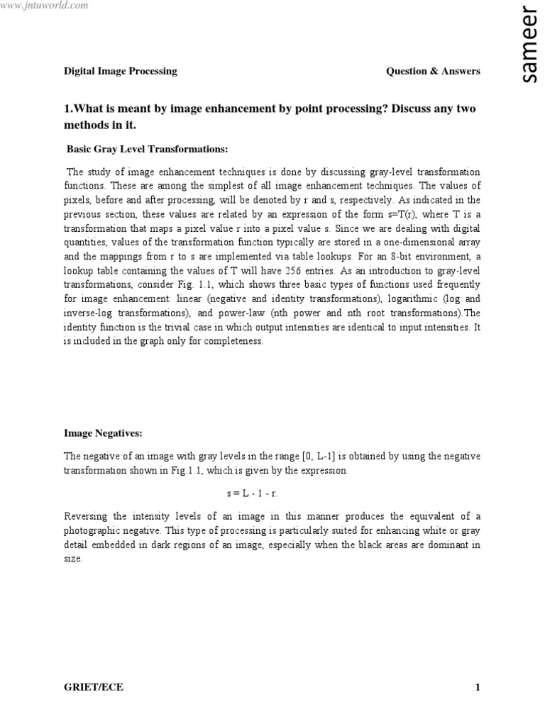 1.what Is Meant by Image Enhancement by Point Processing? Discuss Any