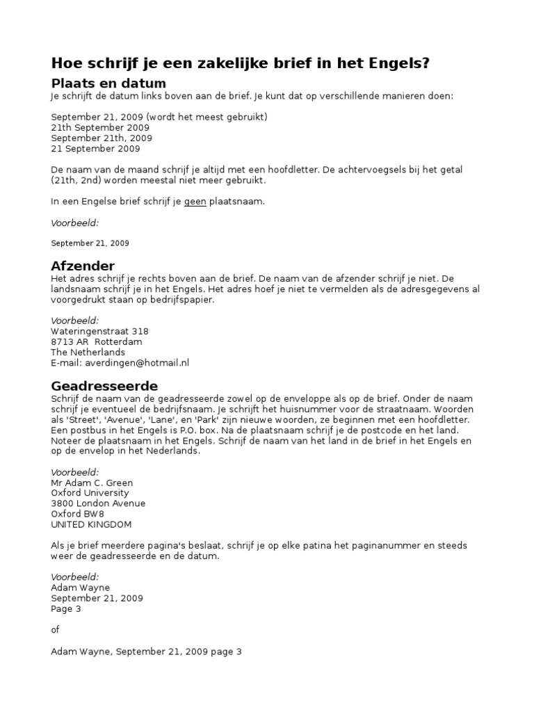 Hoe schrijf je een zakelijke brief in het Engels? Plaats en datum