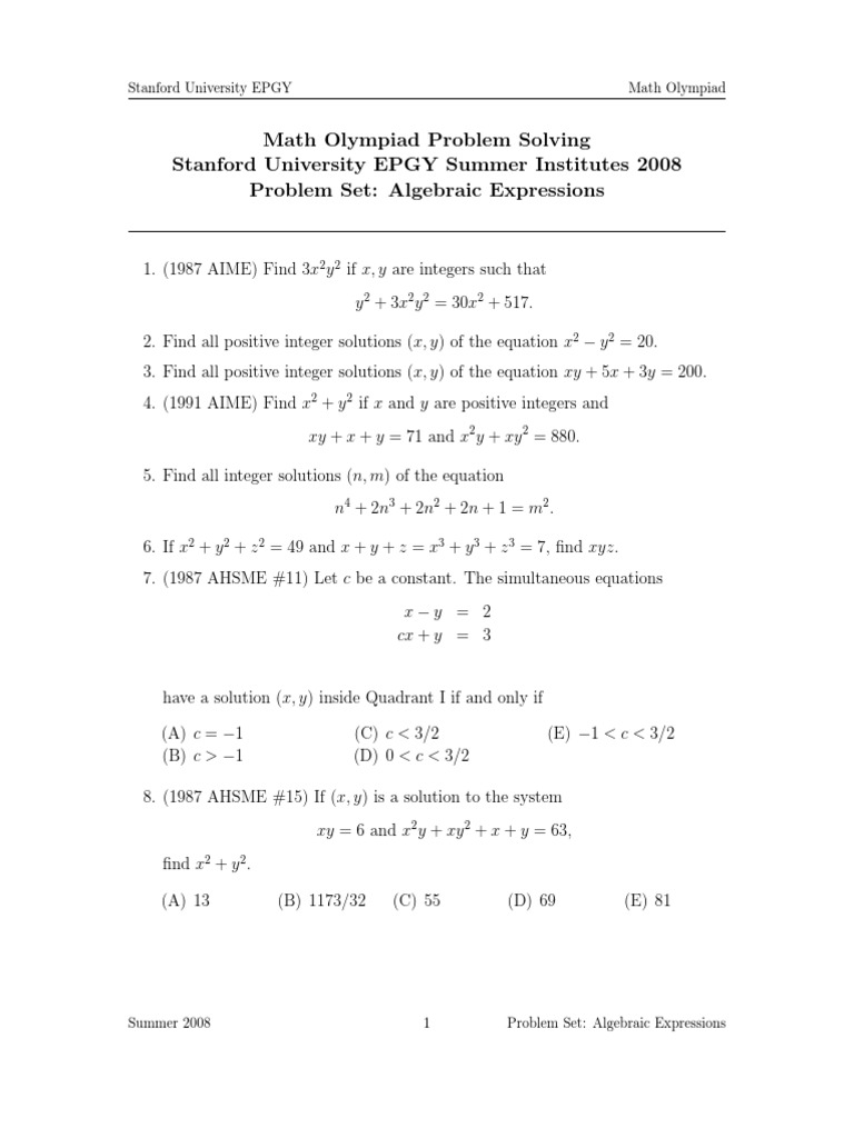 Stanford EPGY Math Olympiad Problems | PDF | Square Root | Equations
