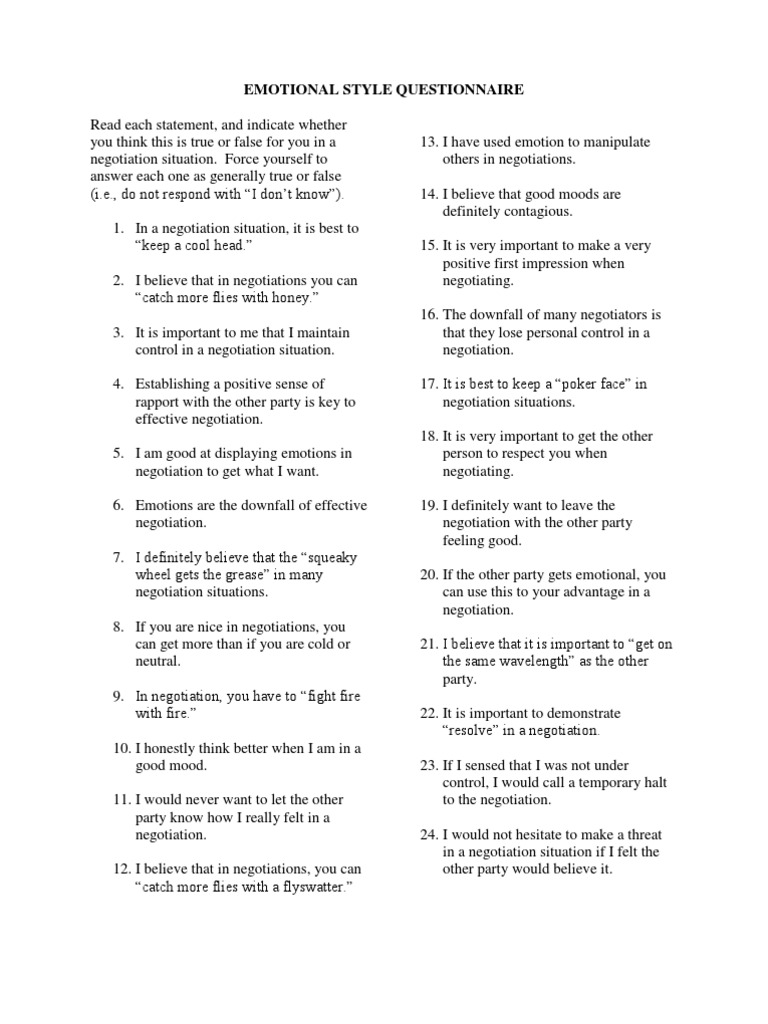 Emotional Style Questionnaire | PDF | Negotiation | Metaphysics Of Mind