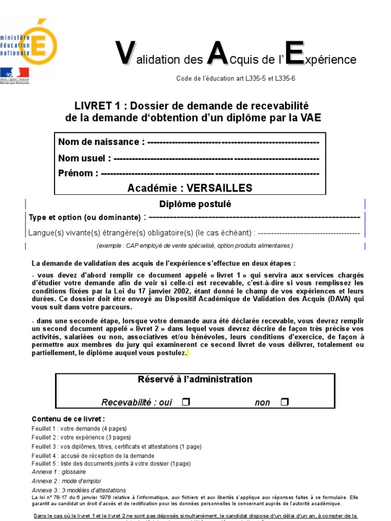 VAE  Livret 1  PDF  Certification professionnelle  Compétence