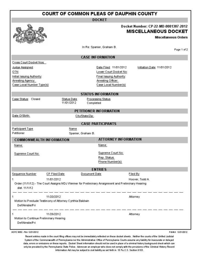 Court Of Common Pleas Of Dauphin County: Docket Docket Number: CP 22 MD Court Of Common Pleas Of Dauphin County: Docket Docket Number: CP 22 MD