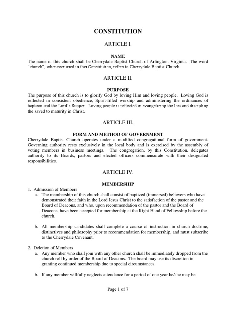 Cherrydale Baptist Church Constitution | PDF | Baptism | Baptists
