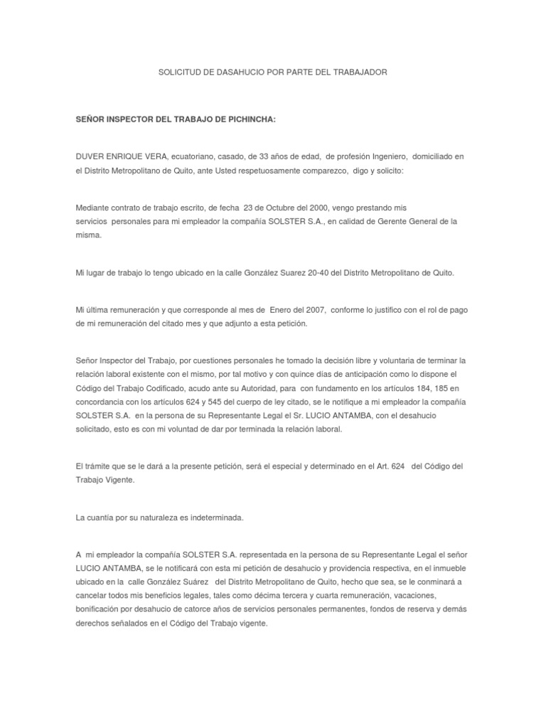 SOLICITUD DE SOLICITUD POR DESAHUCIO POR PARTE DEL 