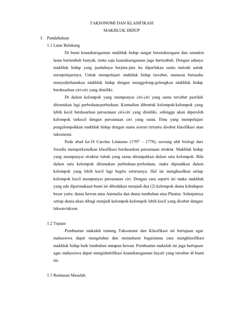 Taksonomi Dan Klasifikasi Makhluk Hidup I Pendahuluan 1