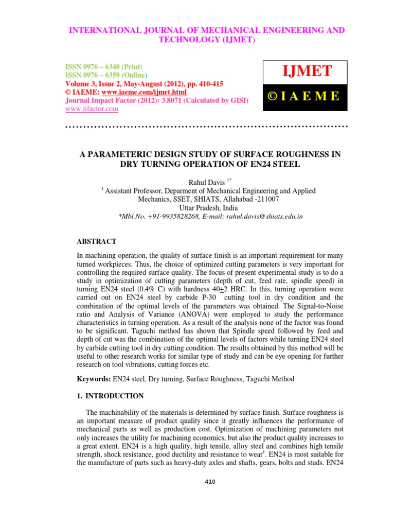 A Parameteric Design Study of Surface Roughness in Dry Turning ...