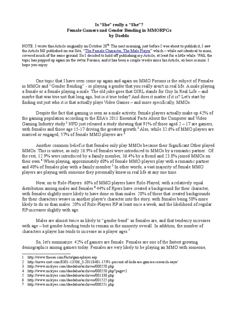 Female Gamers and Gender Bending in MMORPGs | PDF