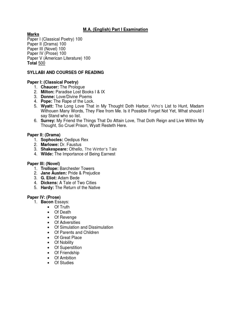M.A. English Part I Exam Syllabus Overview | PDF