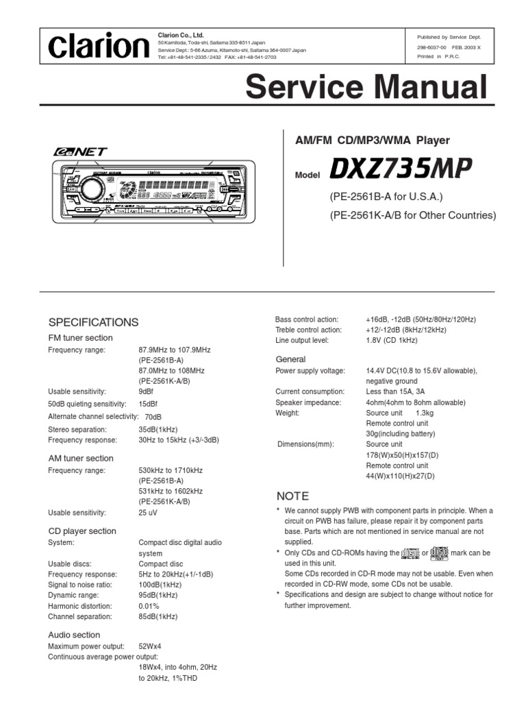 Clarion DXZ735MP Service Manual | PDF | Amplifier | Compact Disc