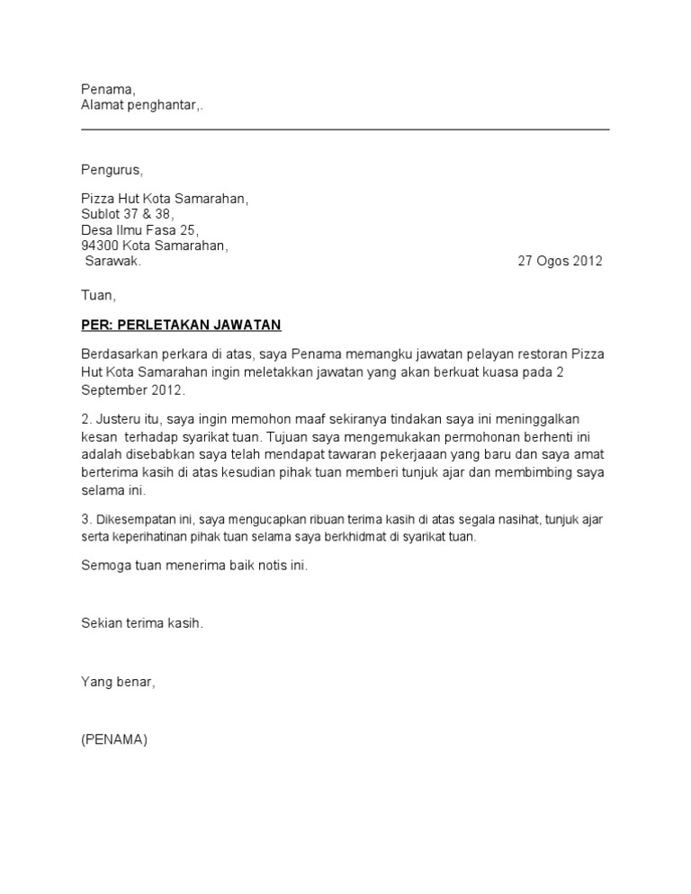 Contoh Surat Perletakan Jawatan Doc