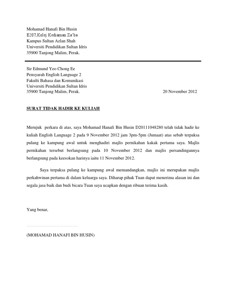 Format Surat Ketidakhadiran Ke Sekolah