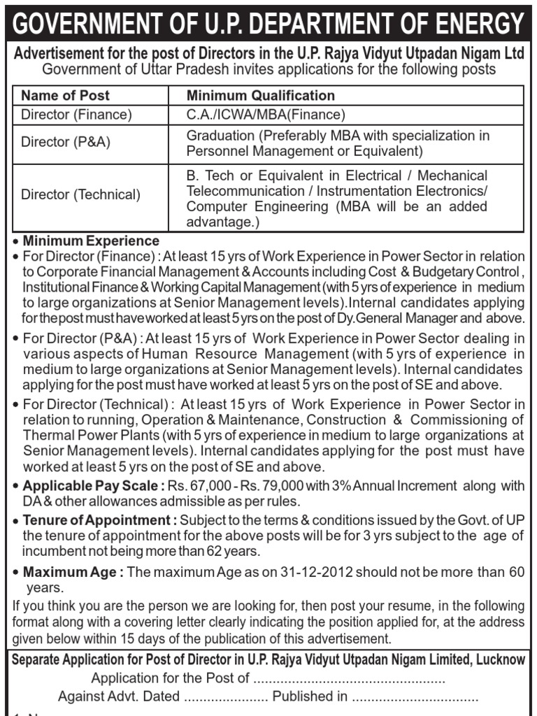 Directors Recruitment in U.P. Energy Dept. | PDF | Master Of Business ...