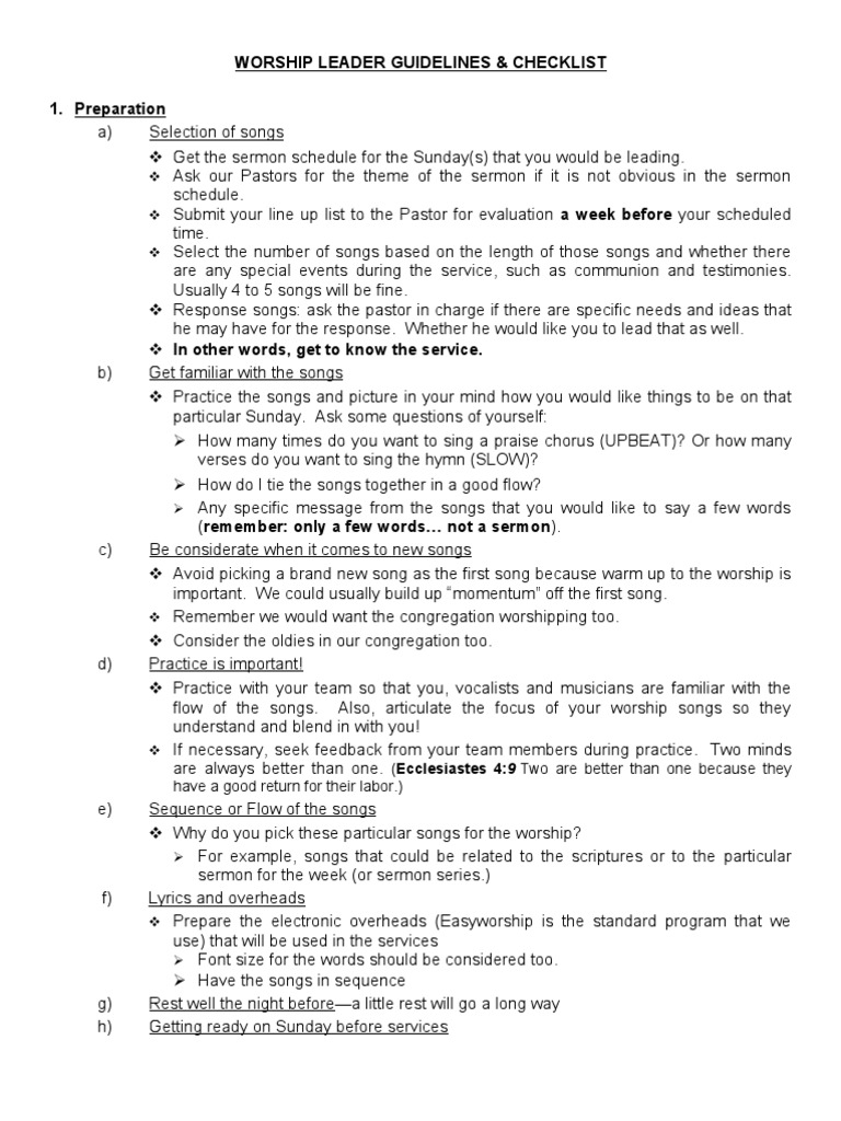 Worship Leader Guidelines & Checklist | PDF | Singing | Worship