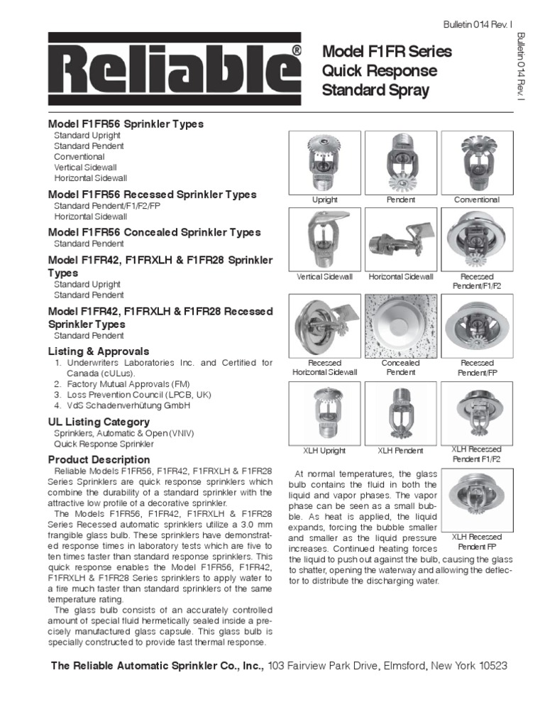 Reliable Models F1FR56, F1FR42, F1FRXLH & F1FR28 Series Sprinklers ...