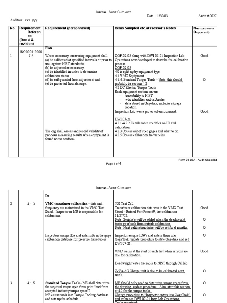 Audit Checklist Sample PDF Calibration Audit
