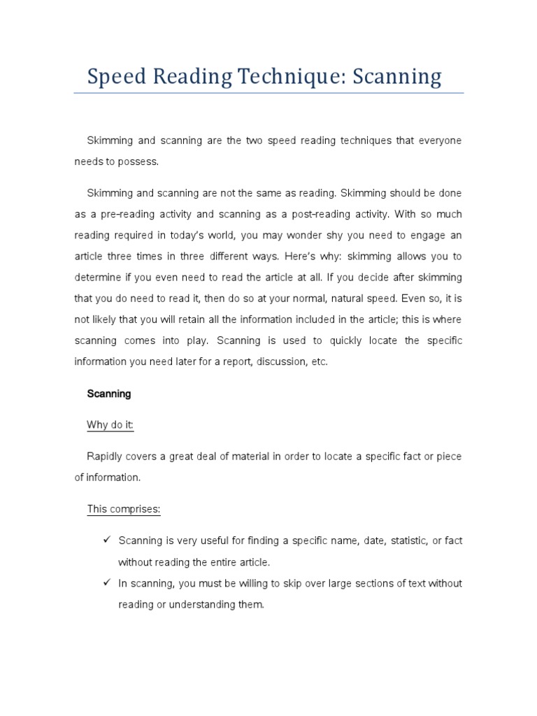 Scanning. Ingles | Speed Reading | Reading (Process)
