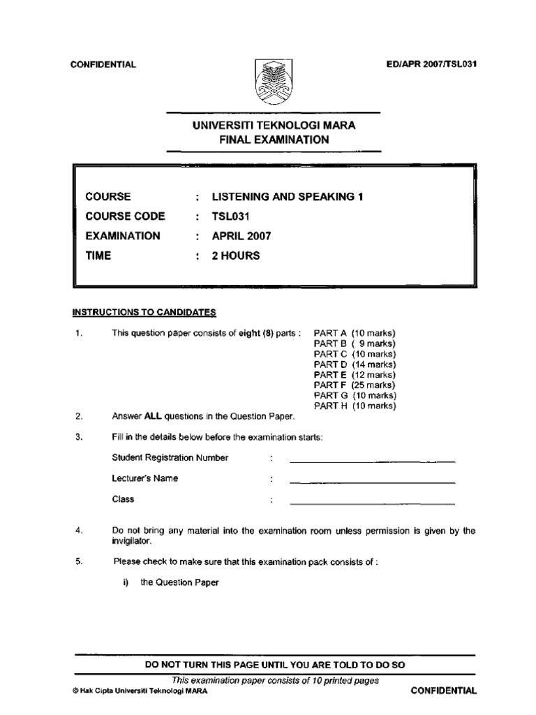 Final Exam Paper Listening N Speaking 1 (TESL) | PDF