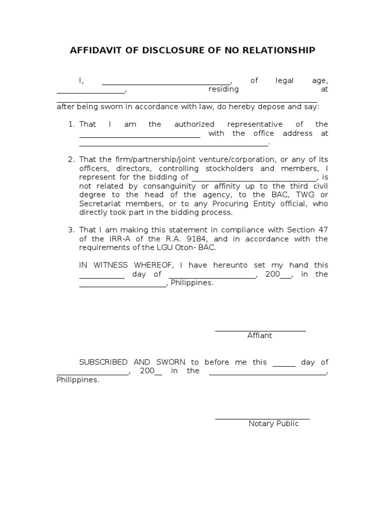 Affidavit of Disclosure of No Relationship