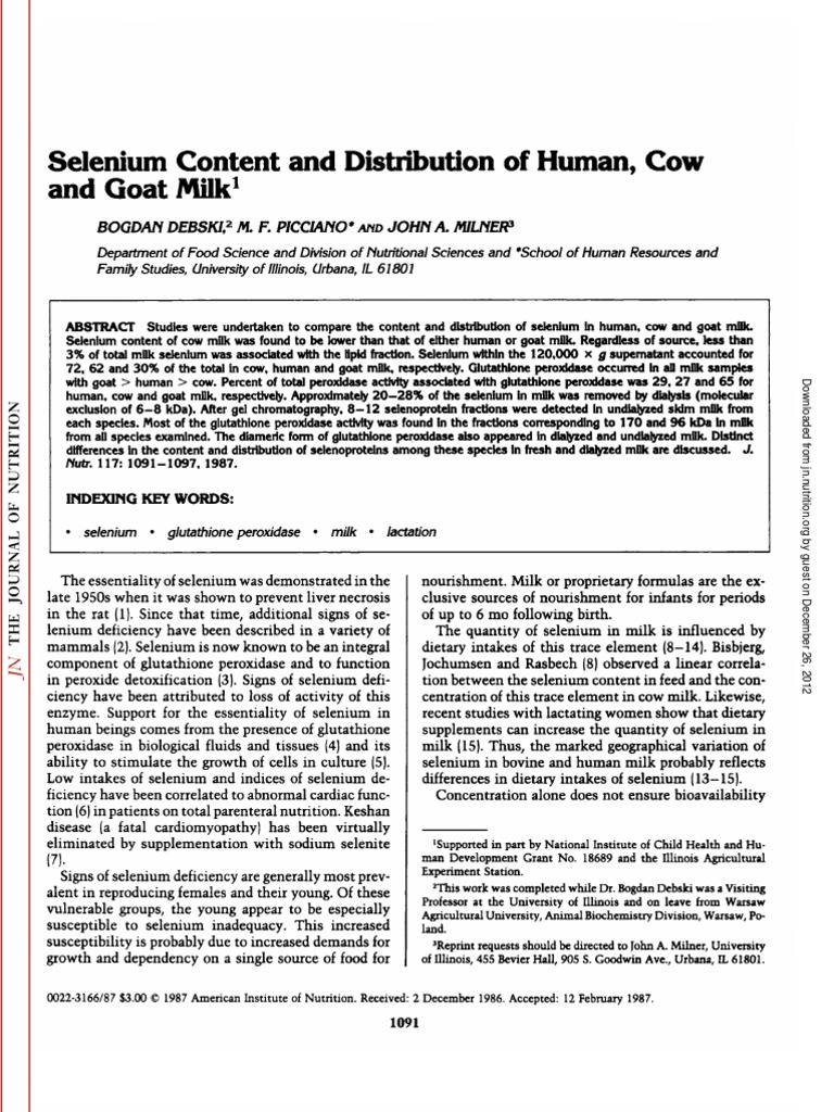 Selenium Content and Distribution of Human, Cow and Goat Milk1 | PDF ...