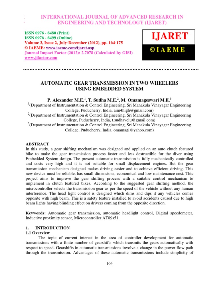 Automatic Gear Transmission in Two Wheelers Using Embedded System | PDF