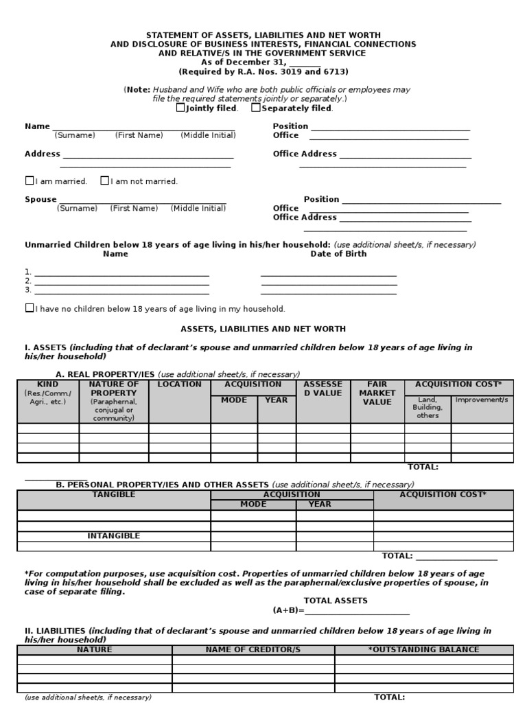 Assets and Liabilities Disclosure Form | PDF | Expense | Income Tax In ...