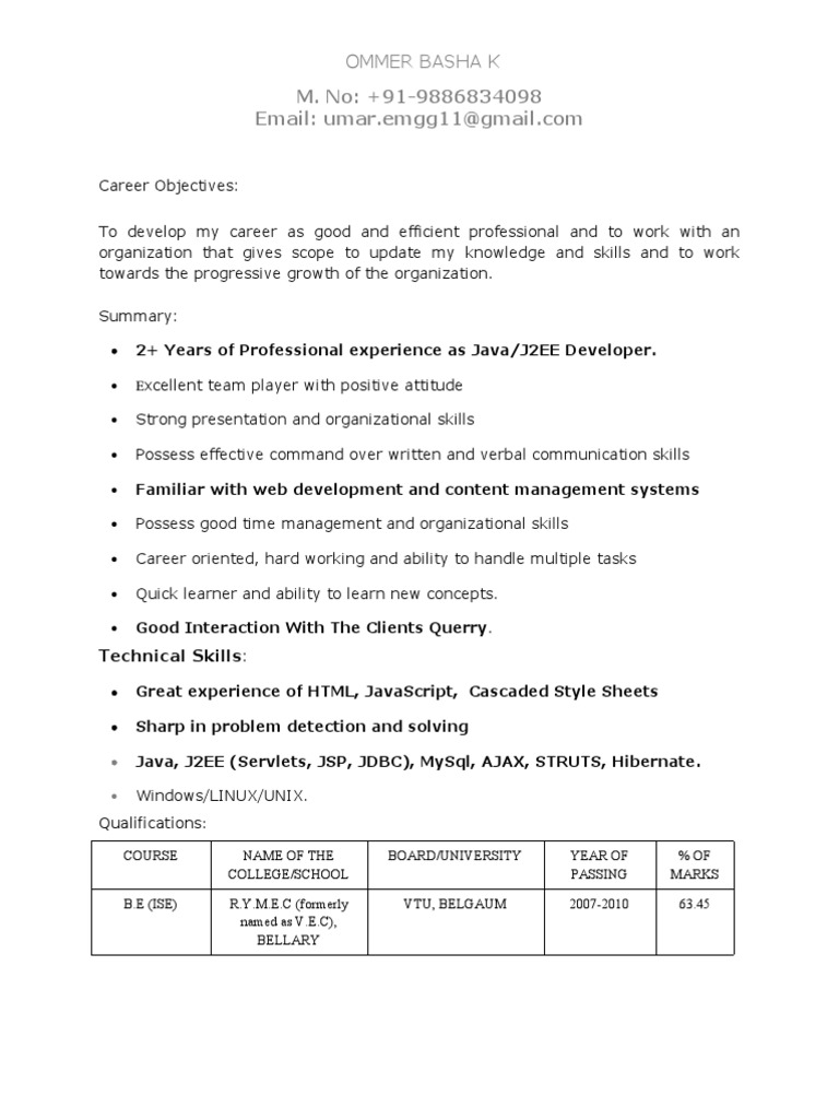 Java Developer Resume - Ommer Basha K | PDF | Java Server Pages | Fee