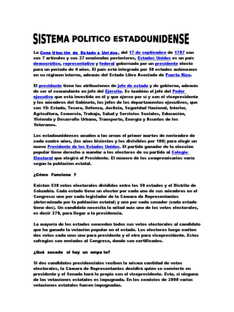 Funcionamiento del Sistema Electoral en EE.UU. | PDF | Política de los ...