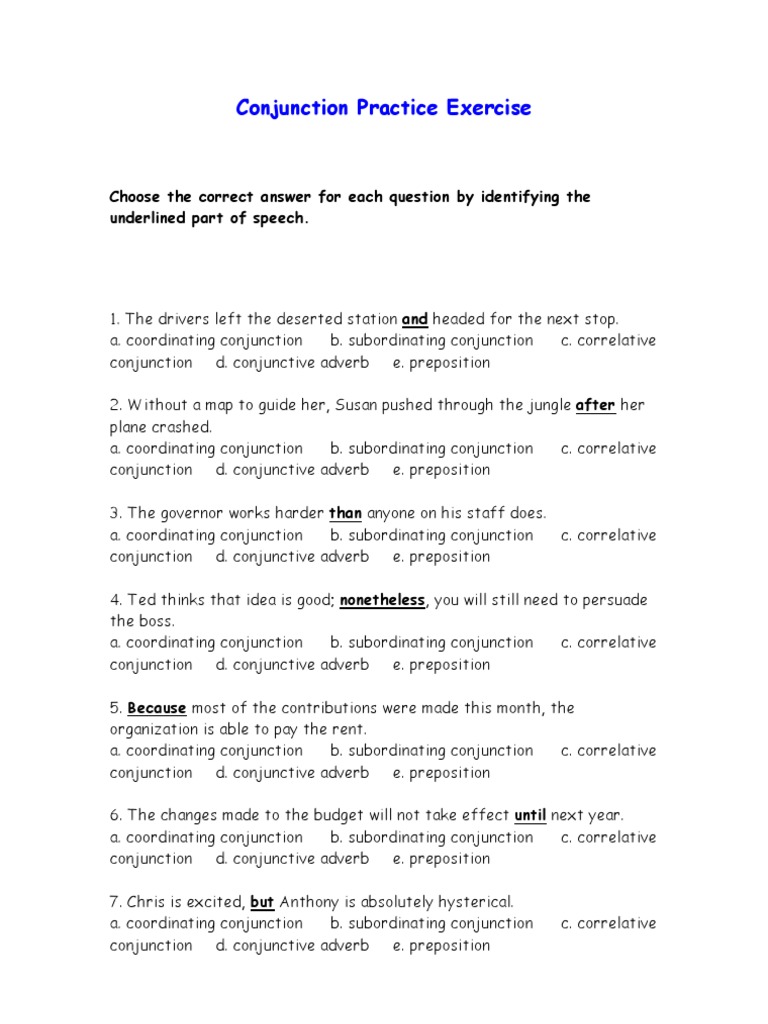 Conjunctions Practice Exercise | PDF | Adverb | Preposition And ...