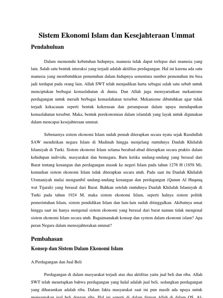 Sistem Ekonomi Islam Dan Kesejahteraan Ummat Makalah