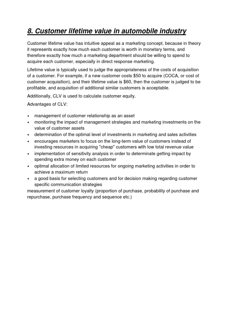 Customer Lifetime Value in Automobile Industry | PDF